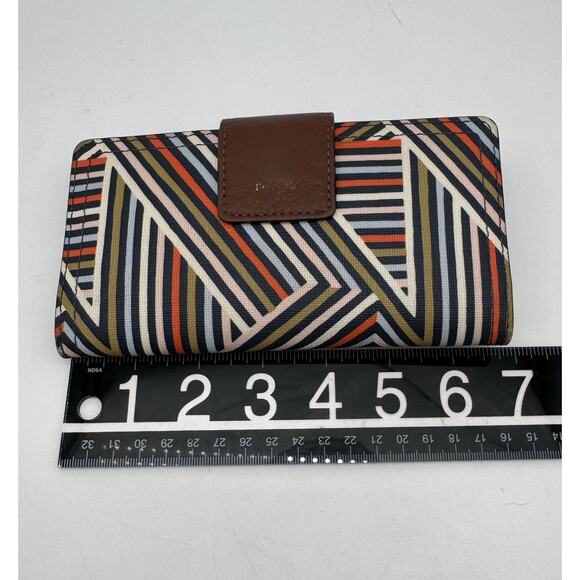 Fossil Madison Slim Clutch Wallet Geometric Red Blue Brown Leather - Picture 7 of 7